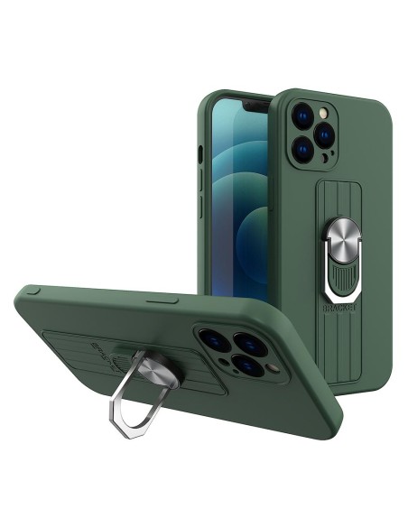 Ring Case silikoninis dėklas su pirštų laikikliu ir stovu Samsung Galaxy A42 5G tamsiai žaliai