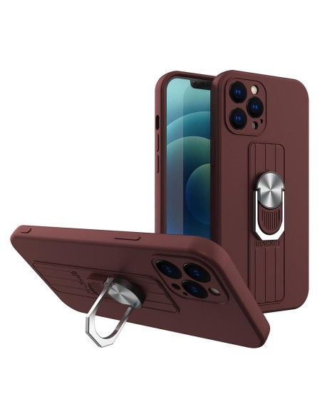 Ring Case silikoninis dėklas su pirštų laikikliu ir stovu Samsung Galaxy A22 4G rudai