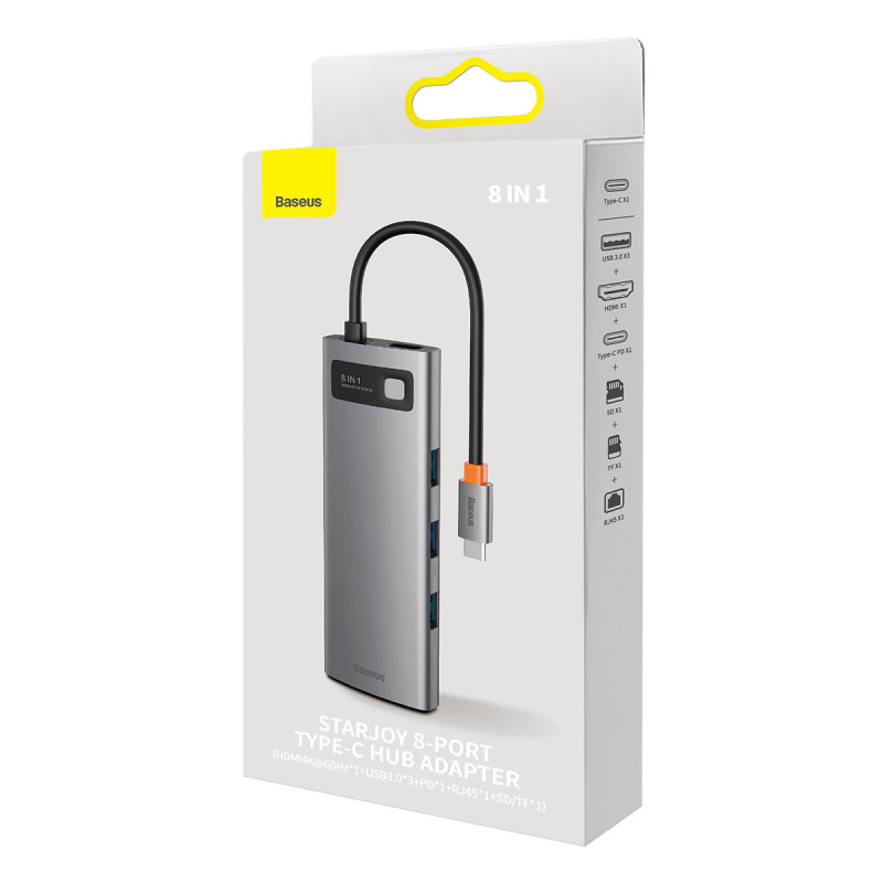 StarJoy HUB 8in1 USB-C 3xUSB HDMI RJ45 SD ir TF PD kortelių skaitytuvas pilkas
