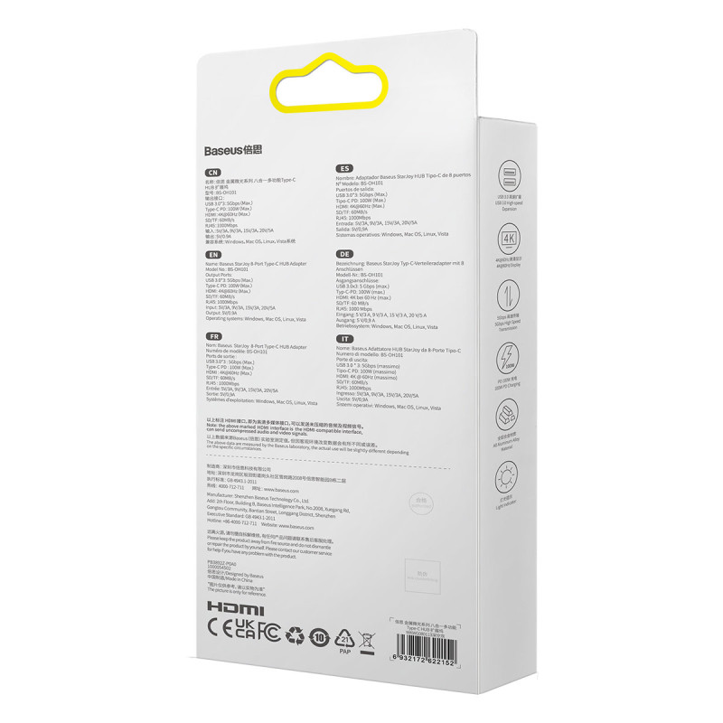 StarJoy HUB 8in1 USB-C 3xUSB HDMI RJ45 SD ir TF PD kortelių skaitytuvas pilkas