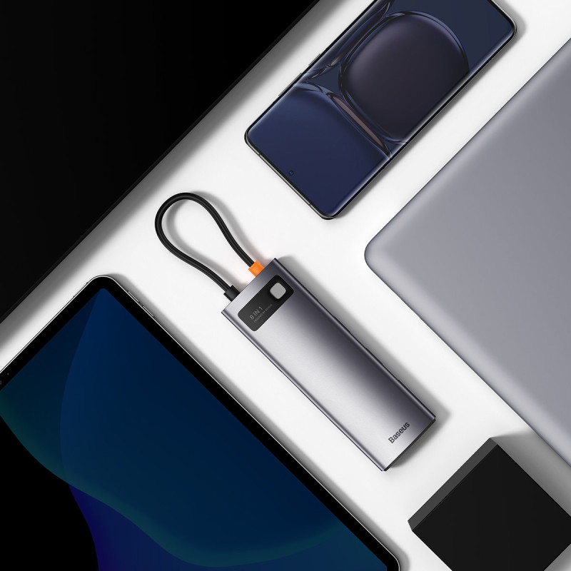 StarJoy HUB 8in1 USB-C 3xUSB HDMI RJ45 SD ir TF PD kortelių skaitytuvas pilkas