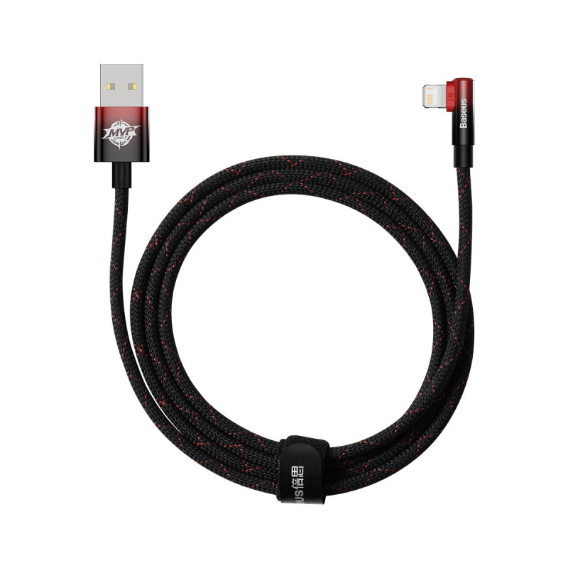 Kampinis kabelio laidas su šoniniu USB kištuku Iphone Lightning 2m 2.4A raudonas