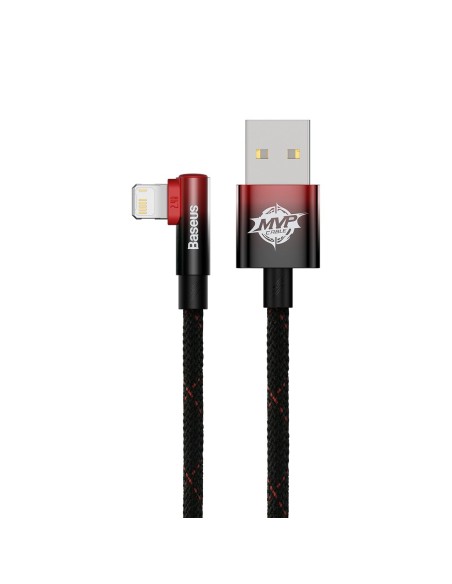 Kampinis kabelio laidas su šoniniu USB kištuku Iphone Lightning 2m 2.4A raudonas Kampinis kabelio laidas su šoniniu USB kištuku Iphone Lightning 2m 2.4A raudonas