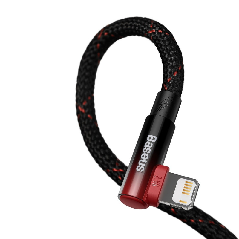 Kampinis kabelio laidas su šoniniu USB kištuku Iphone Lightning 2m 2.4A raudonas