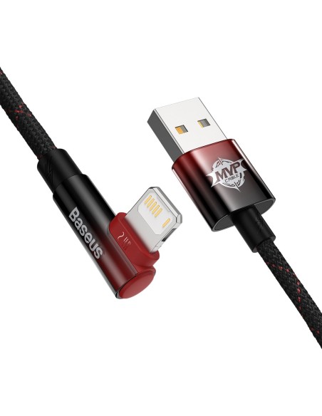 Kampinis kabelio laidas su šoniniu USB kištuku Iphone Lightning 2m 2.4A raudonas Kampinis kabelio laidas su šoniniu USB kištuku Iphone Lightning 2m 2.4A raudonas