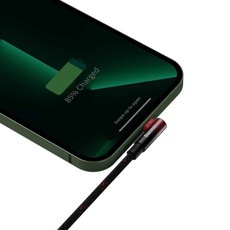 Kampinis kabelio laidas su šoniniu USB kištuku Iphone Lightning 2m 2.4A raudonas