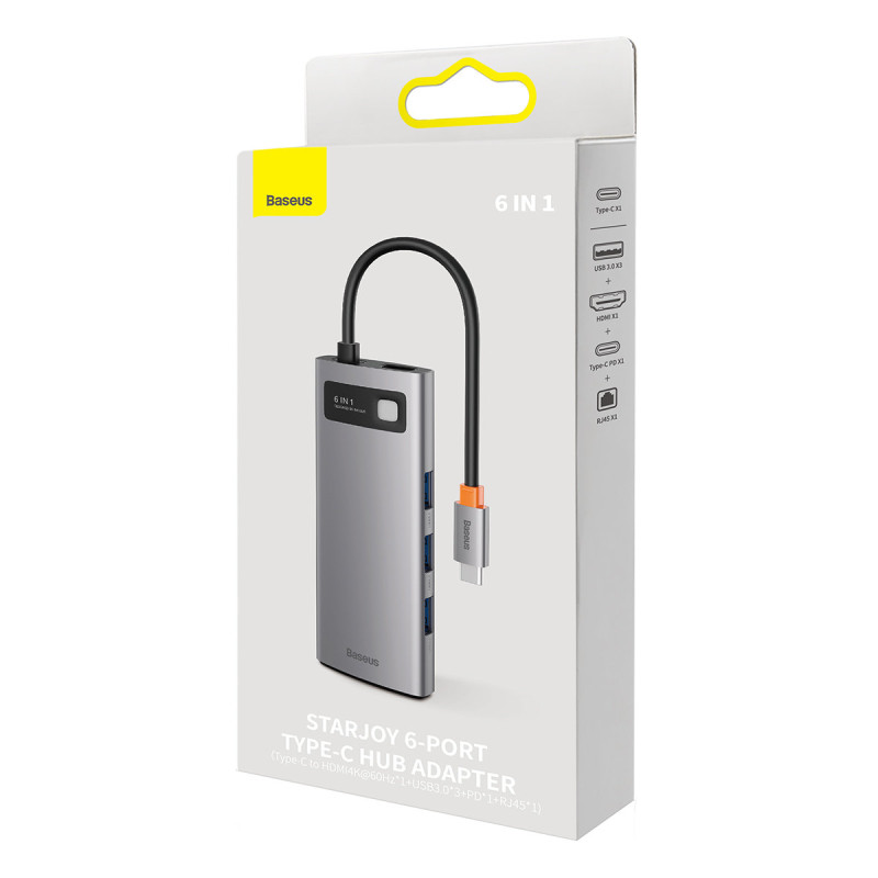 StarJoy HUB 6in1 USB-C 3xUSB HDMI RJ45 PD pilka