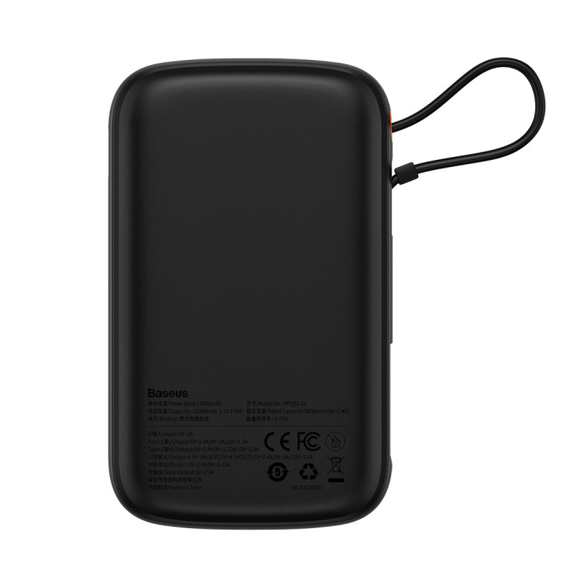 Qpow powerbank 10000mAh integruotas kabelis iPhone Lightning 20W Quick Charge juodas