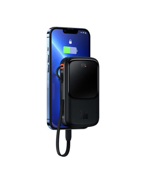 Qpow powerbank 10000mAh integruotas kabelis iPhone Lightning 20W Quick Charge juodas