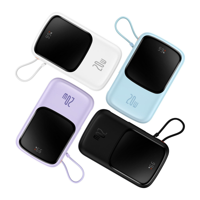 Qpow powerbank 10000mAh integruotas kabelis iPhone Lightning 20W Quick Charge juodas