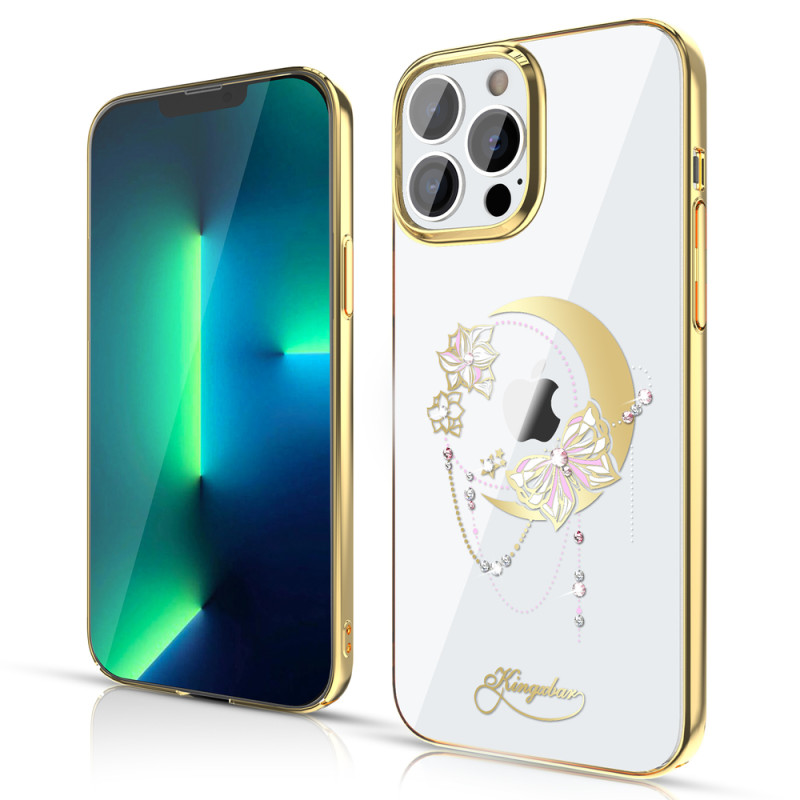 Prabangus Kingxbar Moon Series dėklas su Swarovski kristalais, skirtas iPhone 13 Pro auksui (Butterfly)
