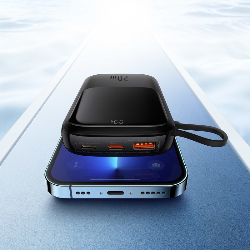 Qpow powerbank 10000mAh integruotas kabelis iPhone Lightning 20W Quick Charge juodas