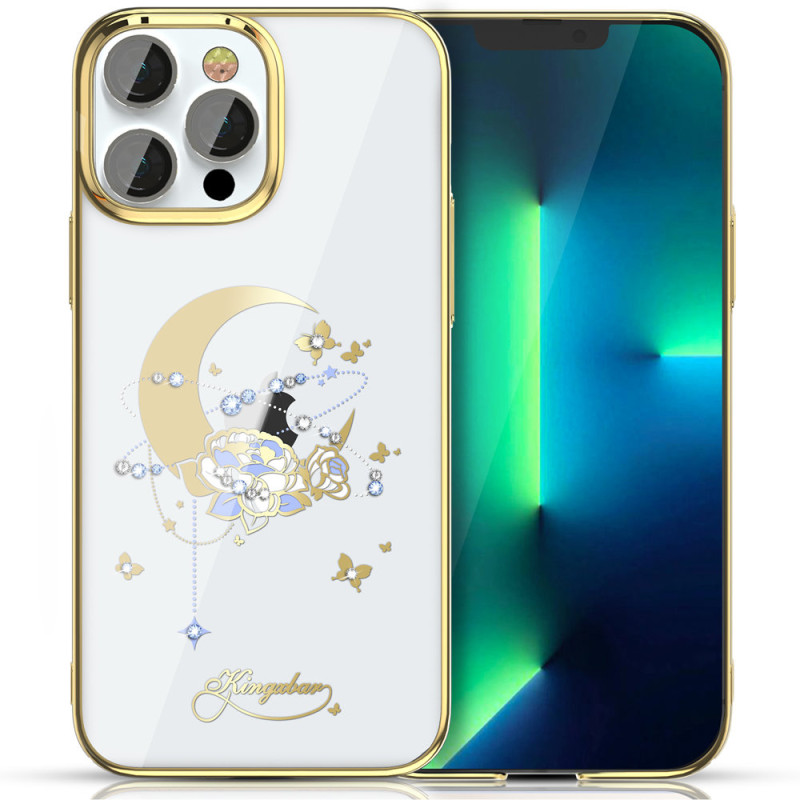 Prabangus Kingxbar Moon Series dėklas su Swarovski kristalais, skirtas iPhone 13 Pro aukso (gėlė)
