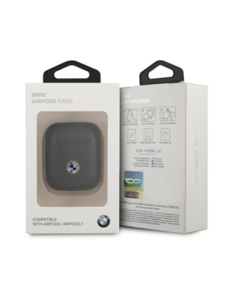 BMW tikros odos sidabro logotipo dėklas, skirtas AirPods 1/ 2 - juodas BMW tikros odos sidabro logotipo dėklas, skirtas AirPods 1/ 2 - juodas