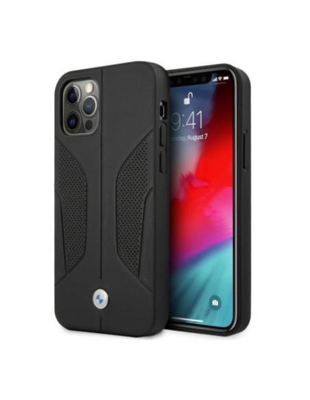 BMW odinis perforuotas šoninis dėklas iPhone 12 Pro Max - juodas BMW odinis perforuotas šoninis dėklas iPhone 12 Pro Max - juodas