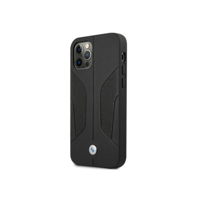 BMW odinis perforuotas šoninis dėklas iPhone 12 Pro Max - juodas