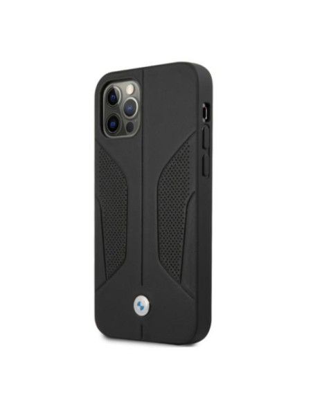 BMW odinis perforuotas šoninis dėklas iPhone 12 Pro Max - juodas BMW odinis perforuotas šoninis dėklas iPhone 12 Pro Max - juodas