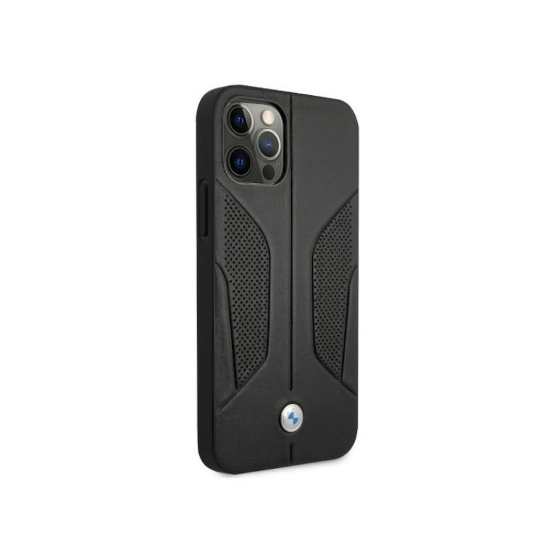 BMW odinis perforuotas šoninis dėklas iPhone 12 Pro Max - juodas