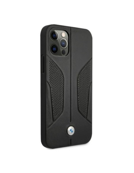 BMW odinis perforuotas šoninis dėklas iPhone 12 Pro Max - juodas BMW odinis perforuotas šoninis dėklas iPhone 12 Pro Max - juodas