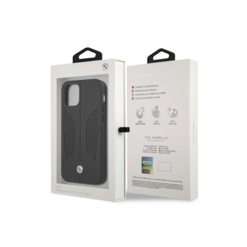 BMW odinis perforuotas šoninis dėklas iPhone 12 Pro Max - juodas