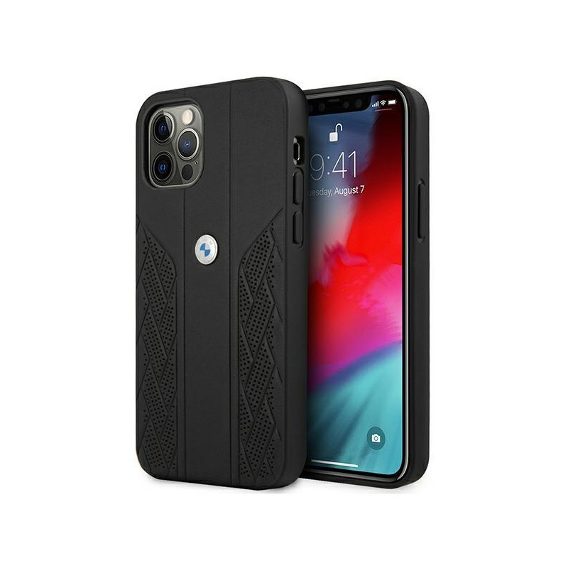 BMW Leather Curve Perforate dėklas, skirtas iPhone 12 Pro Max - juodas