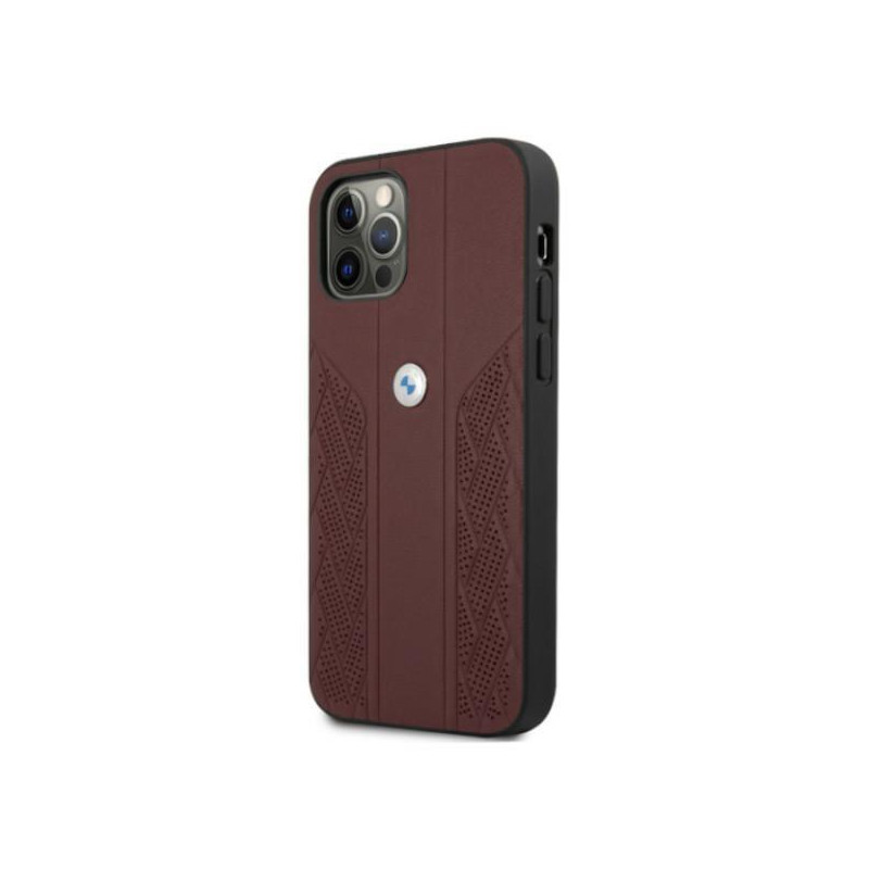 BMW Leather Curve Perforate dėklas iPhone 12 Pro Max - raudonas