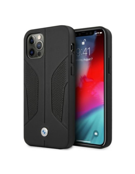 BMW odinis perforuotas šoninis dėklas iPhone 12 / iPhone 12 Pro - juodas BMW odinis perforuotas šoninis dėklas iPhone 12 / iPhone 12 Pro - juodas