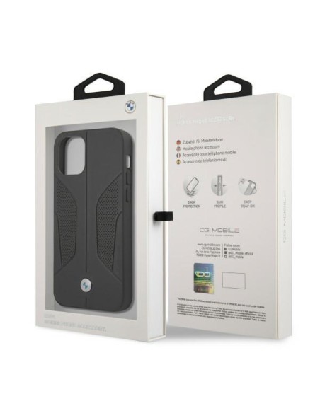 BMW odinis perforuotas šoninis dėklas iPhone 12 / iPhone 12 Pro - juodas BMW odinis perforuotas šoninis dėklas iPhone 12 / iPhone 12 Pro - juodas