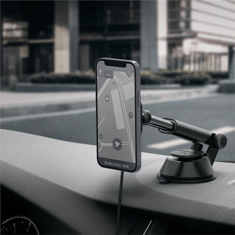 Spigen ITS12W magnetinis laikiklis su 7,5W MagSafe įkrovikliu automobilio prietaisų skydeliui - juodas