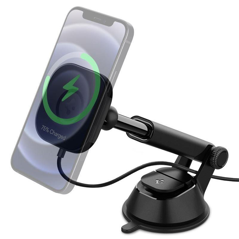 Spigen ITS12W magnetinis laikiklis su 7,5W MagSafe įkrovikliu automobilio prietaisų skydeliui - juodas