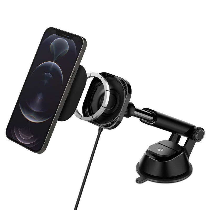 Spigen ITS12W magnetinis laikiklis su 7,5W MagSafe įkrovikliu automobilio prietaisų skydeliui - juodas