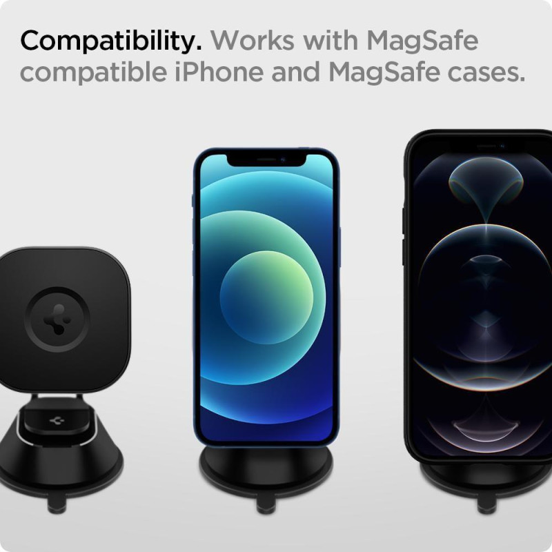 Spigen ITS12W magnetinis laikiklis su 7,5W MagSafe įkrovikliu automobilio prietaisų skydeliui - juodas