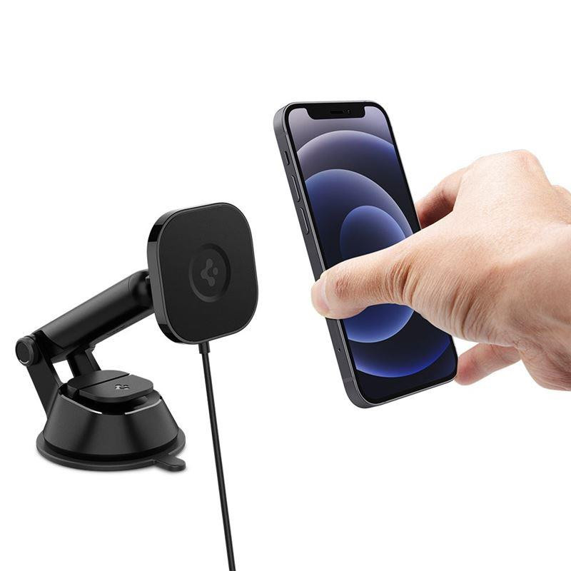 Spigen ITS12W magnetinis laikiklis su 7,5W MagSafe įkrovikliu automobilio prietaisų skydeliui - juodas