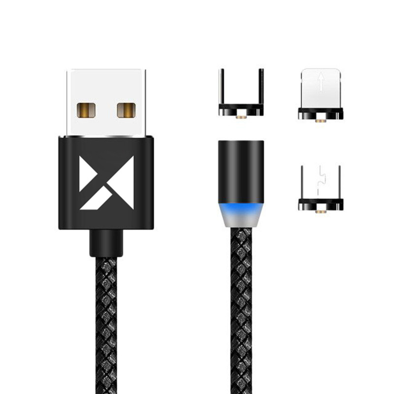 Magnetinis kabelis USB microUSB USB-C Iphone Lightning 2.4A 1m su LED juodu