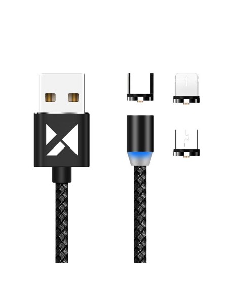 Magnetinis kabelis USB microUSB USB-C Iphone Lightning 2.4A 1m su LED juodu
