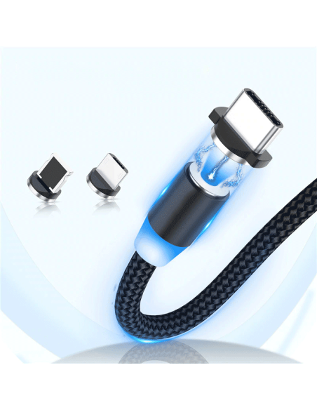 Magnetinis kabelis USB microUSB USB-C Iphone Lightning 2.4A 1m su LED juodu