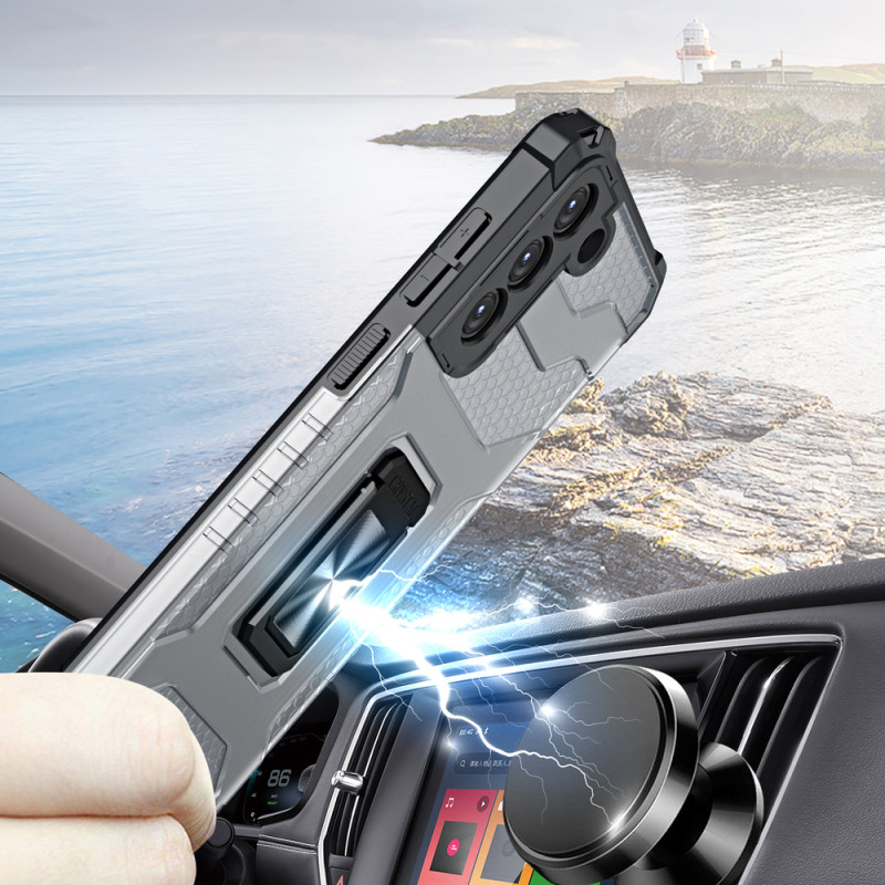 Crystal Ring Case šarvuotas hibridinis korpuso dangtelis + magnetinis laikiklis Samsung Galaxy S21+ 5G (S21 Plus 5G) juo...