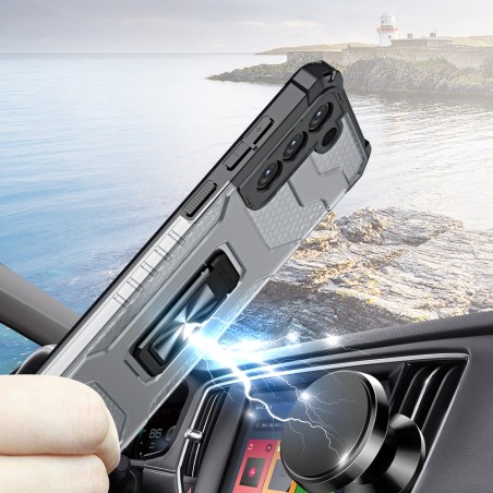 Crystal Ring Case šarvuotas hibridinis korpuso dangtelis + magnetinis laikiklis Samsung Galaxy S21+ 5G (S21 Plus 5G) juo...