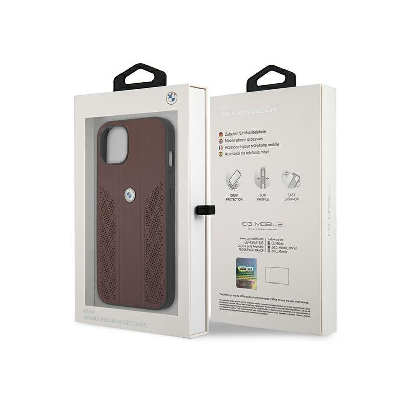 BMW Leather Curve Perforate dėklas iPhone 13 - raudonas