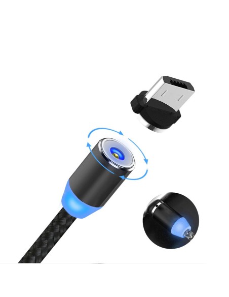 Magnetinis kabelis USB microUSB USB-C Iphone Lightning 2.4A 1m su LED juodu
