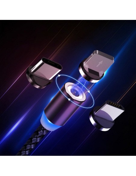 Magnetinis kabelis USB microUSB USB-C Iphone Lightning 2.4A 1m su LED juodu