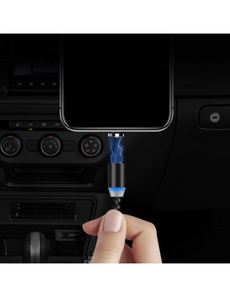 Magnetinis kabelis USB microUSB USB-C Iphone Lightning 2.4A 1m su LED juodu
