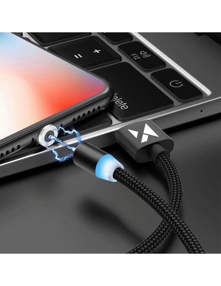 Magnetinis kabelis USB microUSB USB-C Iphone Lightning 2.4A 1m su LED juodu