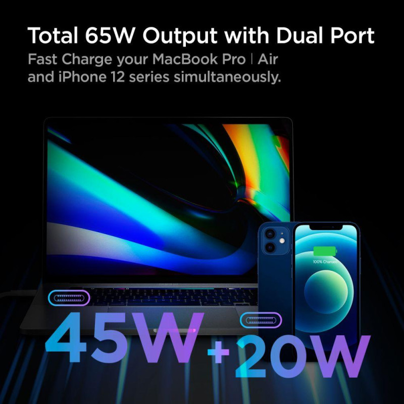 Spigen PowerArc PE2007EU sieninis įkroviklis su 2x USB-C PD 60W QC3.0 - balta