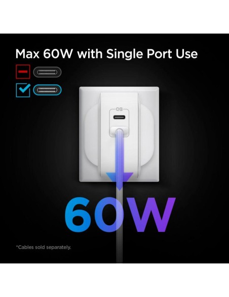 Spigen PowerArc PE2007EU sieninis įkroviklis su 2x USB-C PD 60W QC3.0 - balta