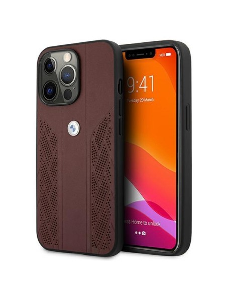 BMW Leather Curve Perforate dėklas iPhone 13 Pro Max - raudonas BMW Leather Curve Perforate dėklas iPhone 13 Pro Max - raudonas
