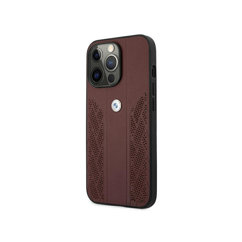 BMW Leather Curve Perforate dėklas iPhone 13 Pro Max - raudonas