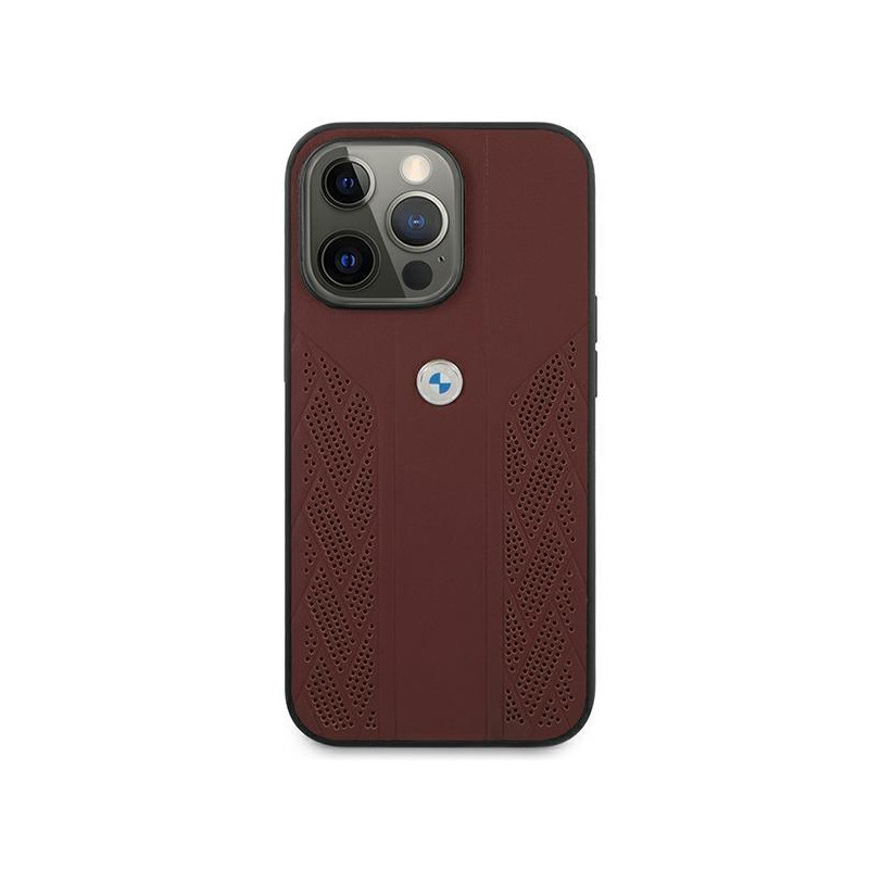 BMW Leather Curve Perforate dėklas iPhone 13 Pro Max - raudonas