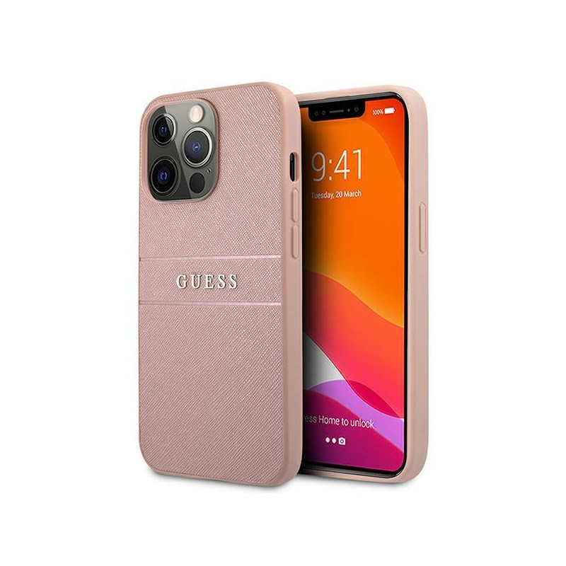Guess Saffiano Stripe dėklas, skirtas iPhone 13 Pro Max - rožinis