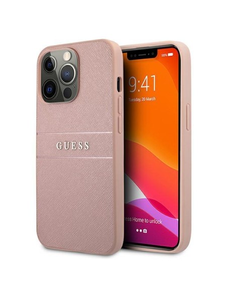 Guess Saffiano Stripe dėklas, skirtas iPhone 13 Pro Max - rožinis Guess Saffiano Stripe dėklas, skirtas iPhone 13 Pro Max - rožinis